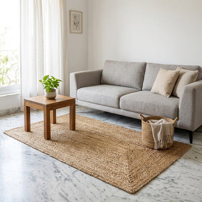Wohnzimmer-Rustic jute rug with geometric design for minimalist interiors