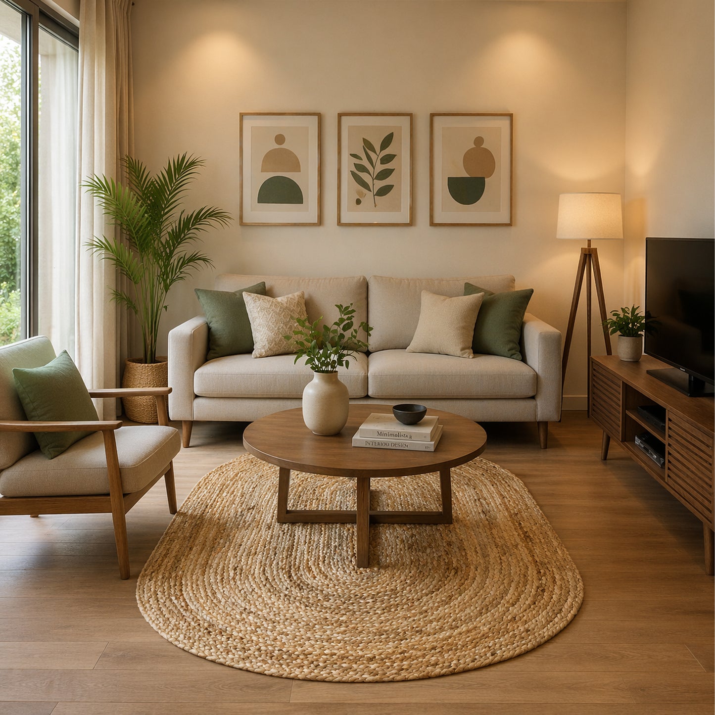 Wohnzimmer-Scandinavian jute rug natural color handwoven design