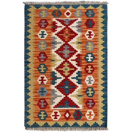 Handgewebter Qashqai Kelim Teppich in Blau Rot 120x80 cm aus Naturwolle