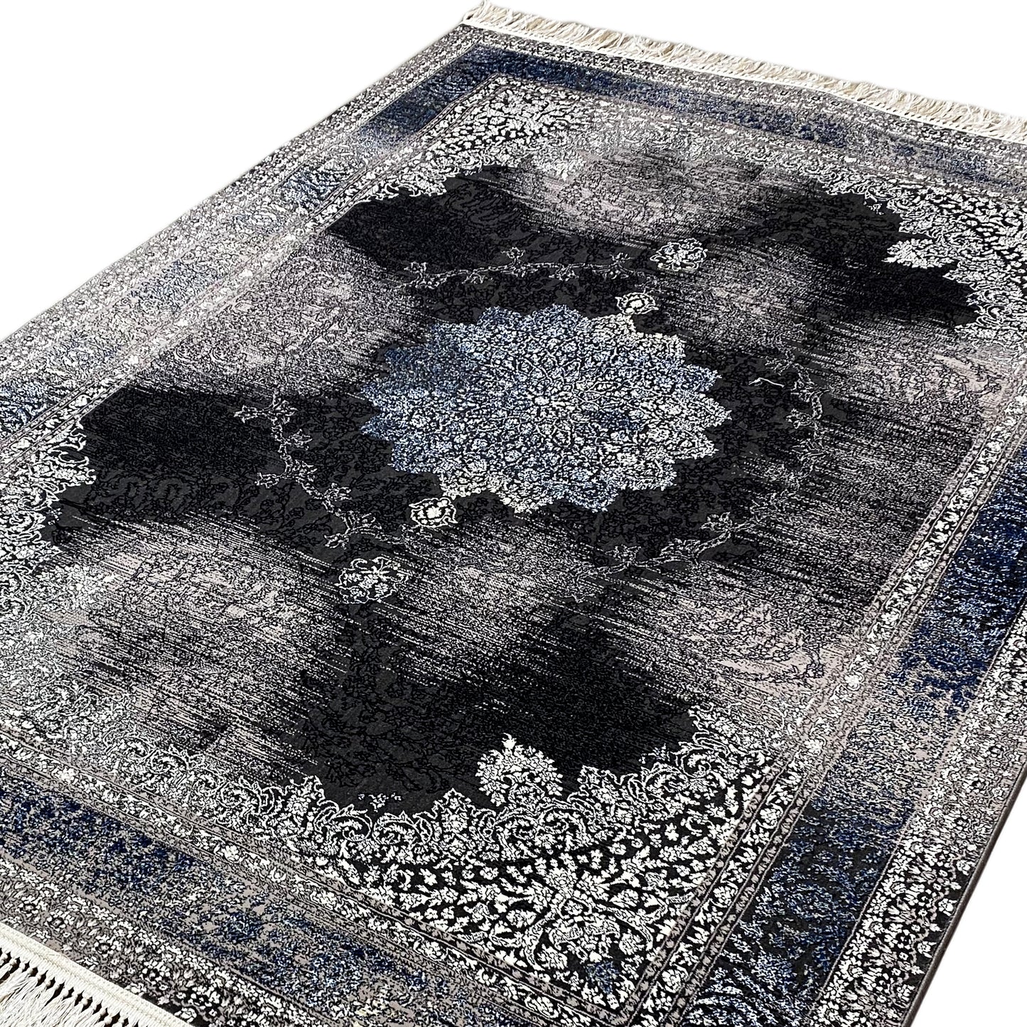 Klassischer Amsterdam Teppich Medaillon Muster Schwarz Blau 160x230

