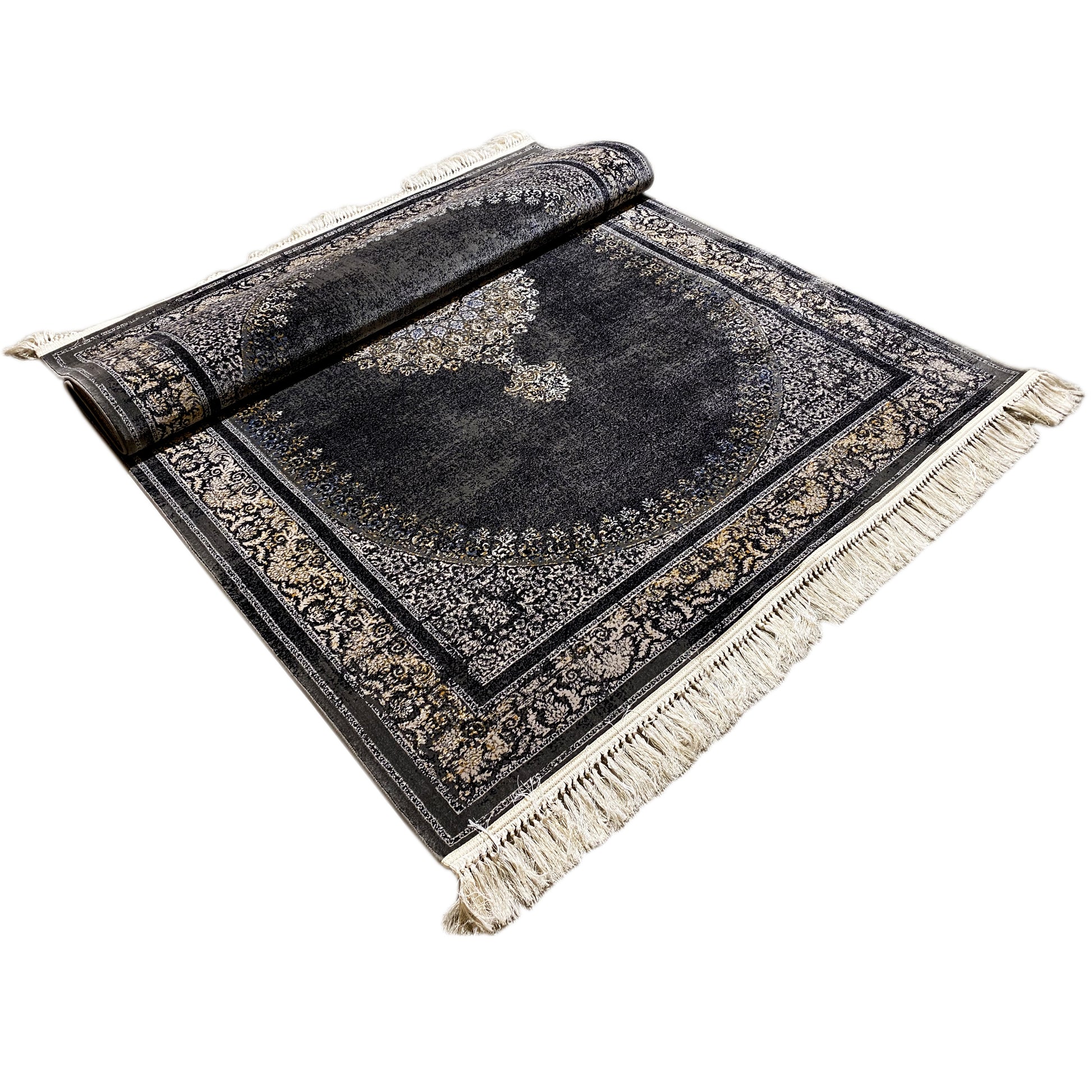 Teppich mit floralem Rand Schwarz Grau 160x230 Orientdekor

