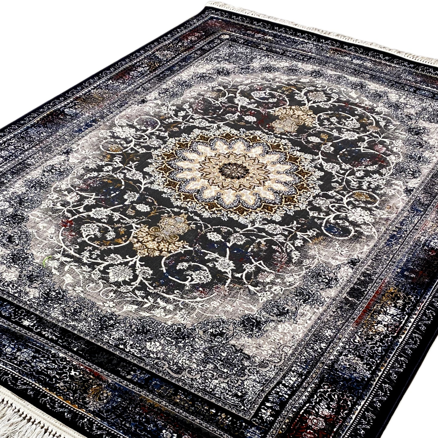 Maschinell gewebter Teppich Schwarz Weiß Gold 160x230 Detailaufnahme

