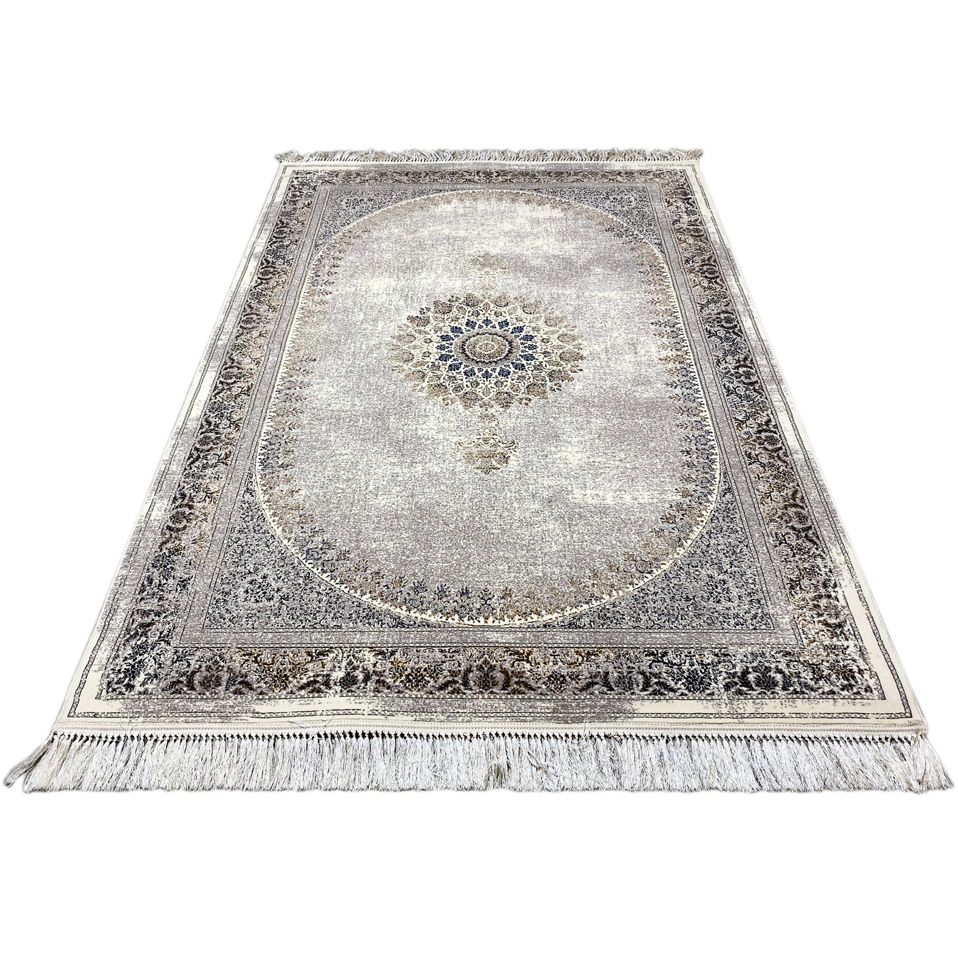 Orientalischer Teppich in Beige und Grau mit verwaschenem Muster für Esszimmer und Wohnzimmer