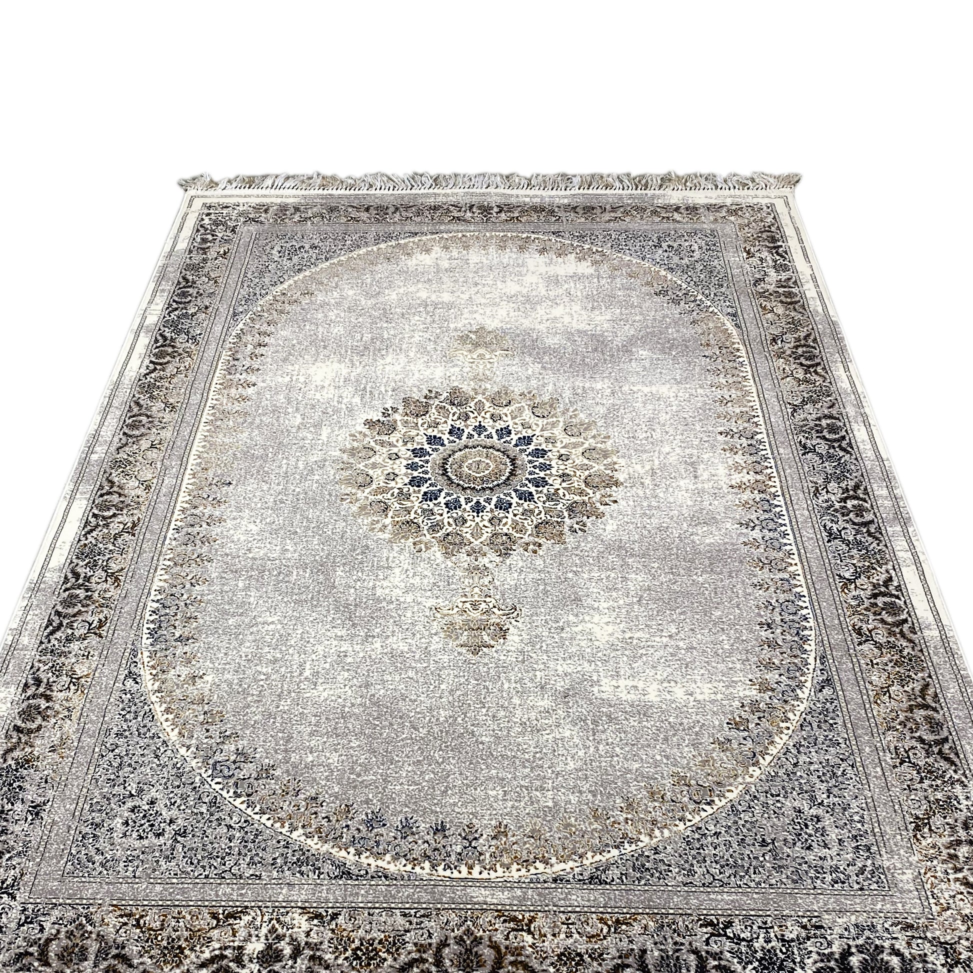 Polypropylen-Teppich mit Bordüre in Beige und Grau, maschinell gefertigt und langlebig