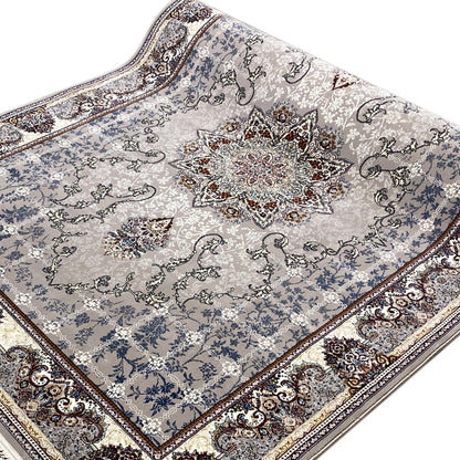 Klassischer traditioneller Teppich mit floralem Muster in Beige und Grau, perfekt für den Essbereich