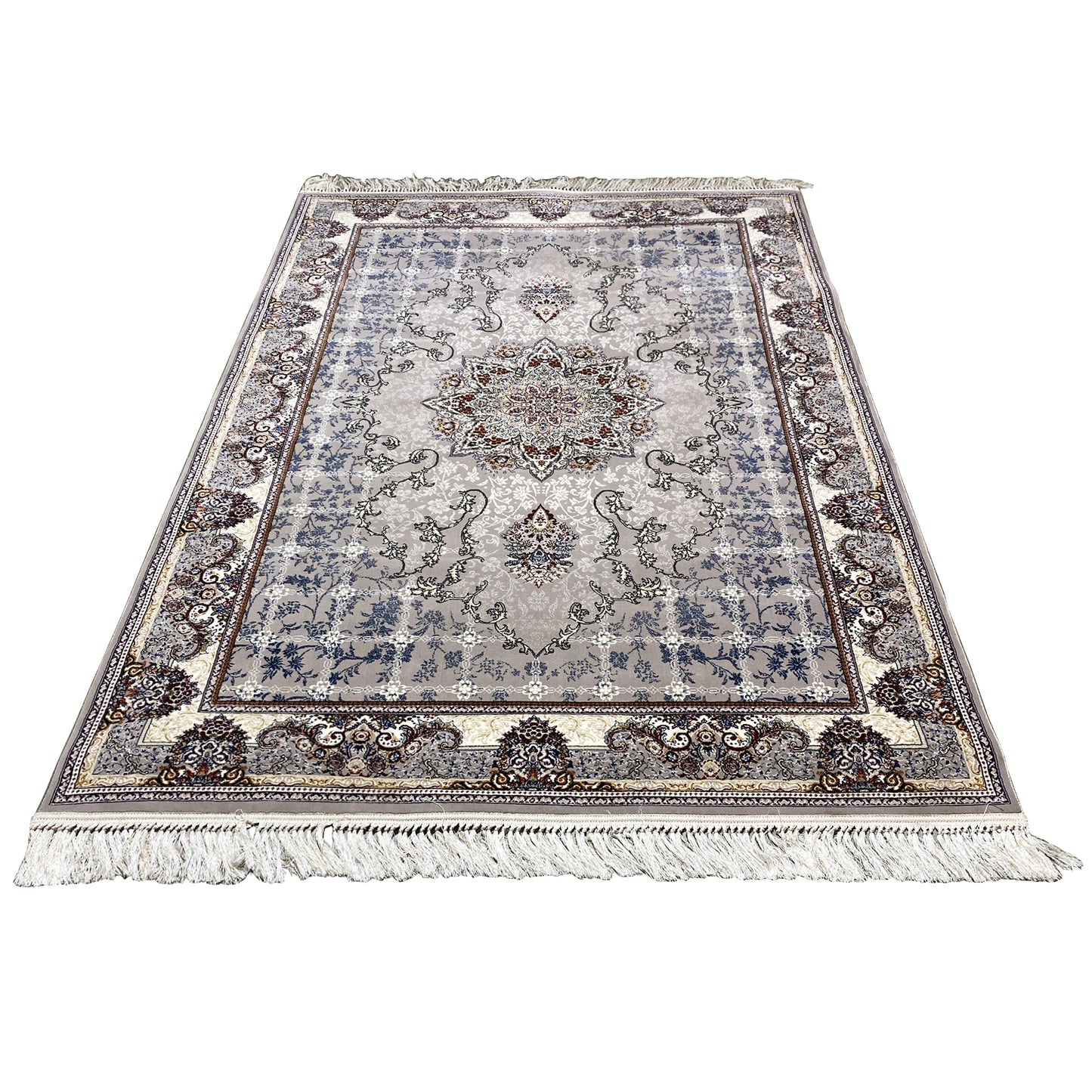 Orientalischer Teppich in Beige und Grau mit Medaillon und Bordüre für das Wohnzimmer