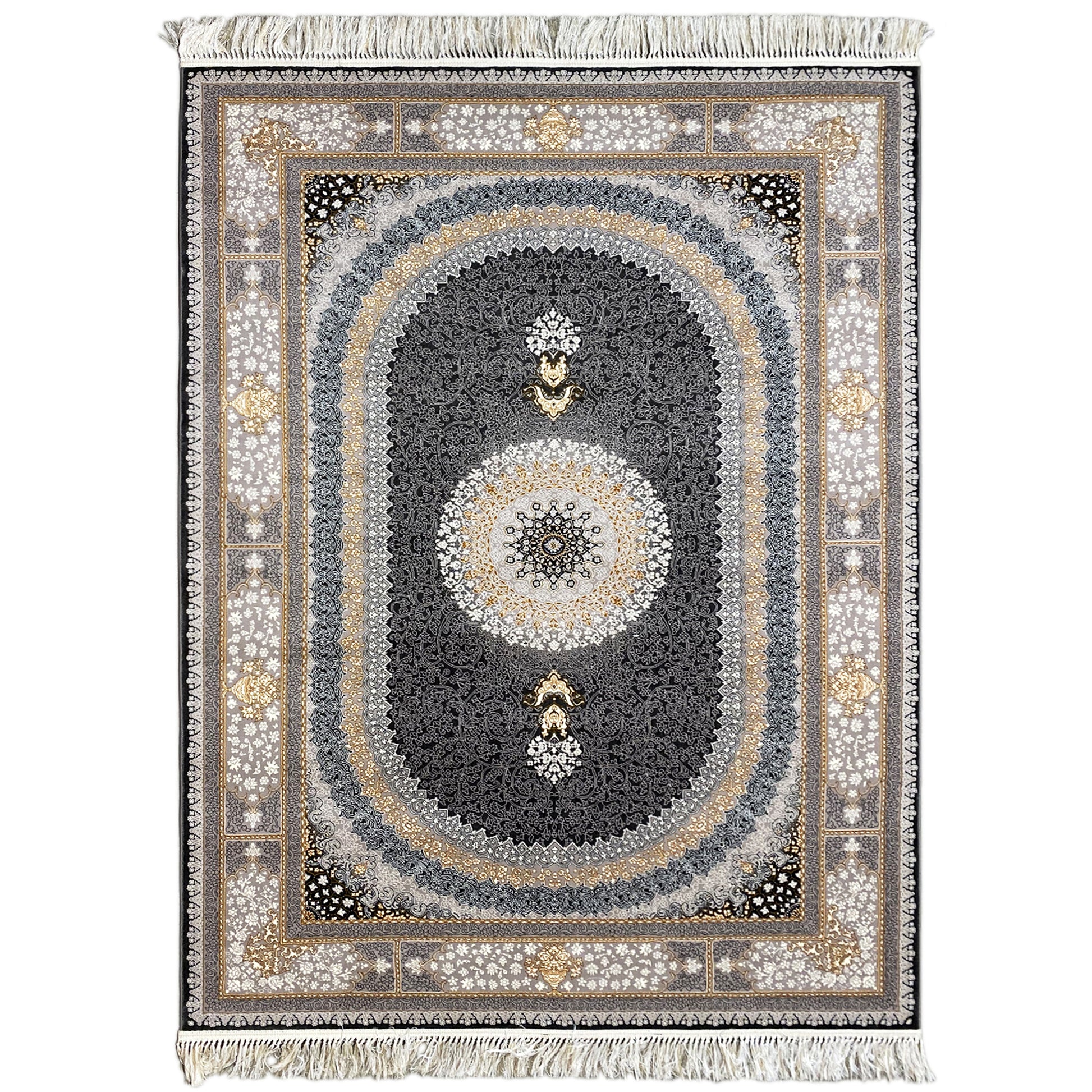 Gewebter Teppich aus Polypropylen in Grau und Silber mit klassischem Medaillon-Muster