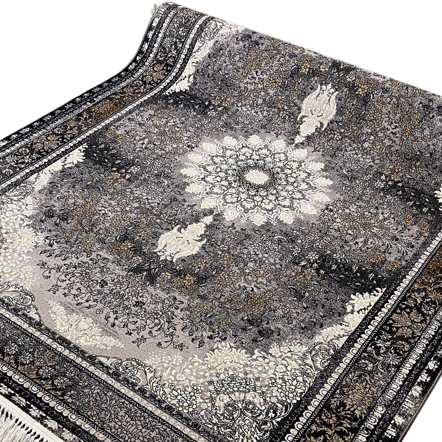 Pflegeleichter maschinengefertigter Teppich, schwarz grau Polypropylen, traditionelles Muster, Nutzung im Familienzimmer.