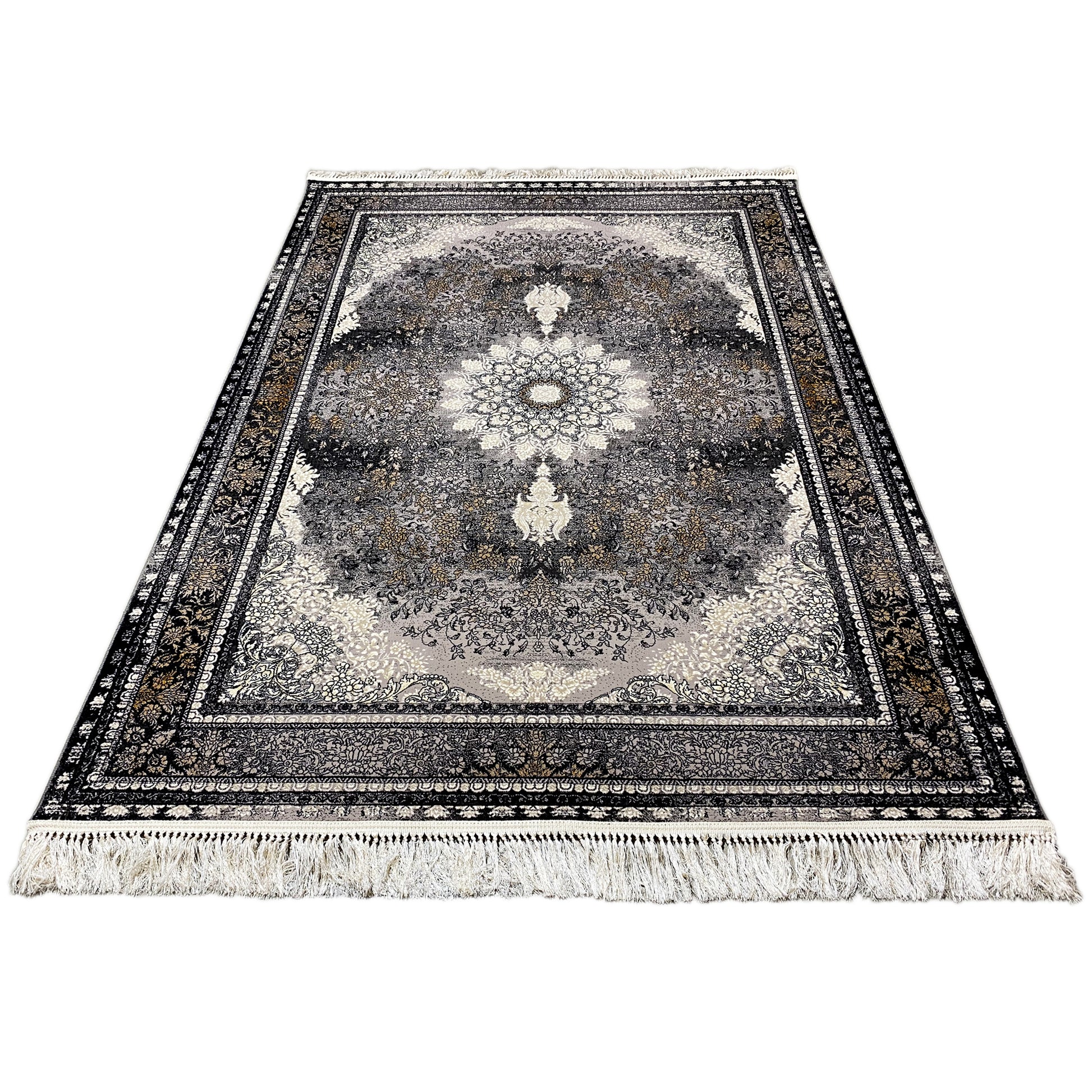 Gewebte teppich kaufen, klassisch orientalischer Stil, schwarz grau creme Farben, formeller Essbereich.