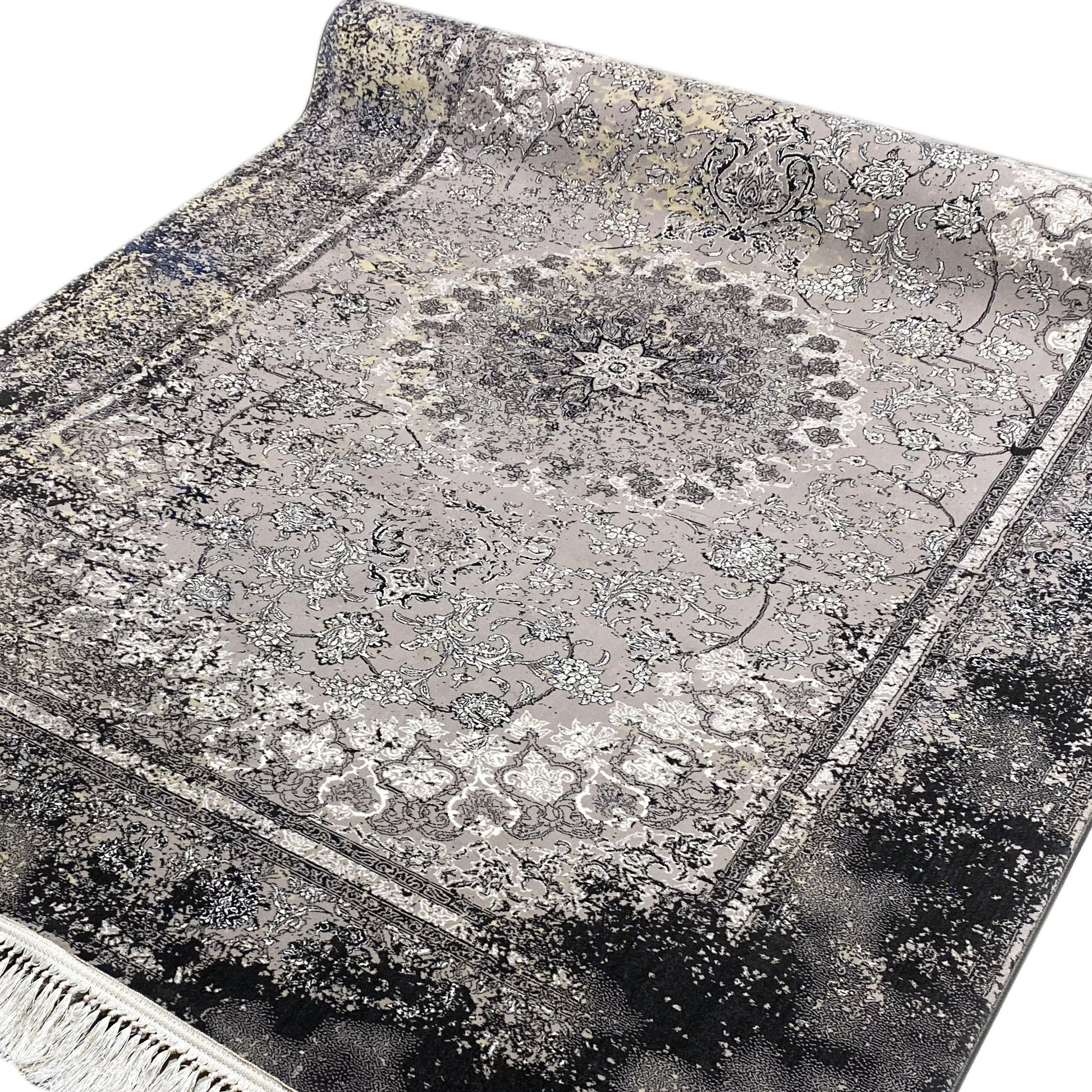 Strapazierfähiger maschinengewebter Teppich, Vintage Used-Stil, neutrale Grau-Schwarz-Farbe, für Wohnungen.