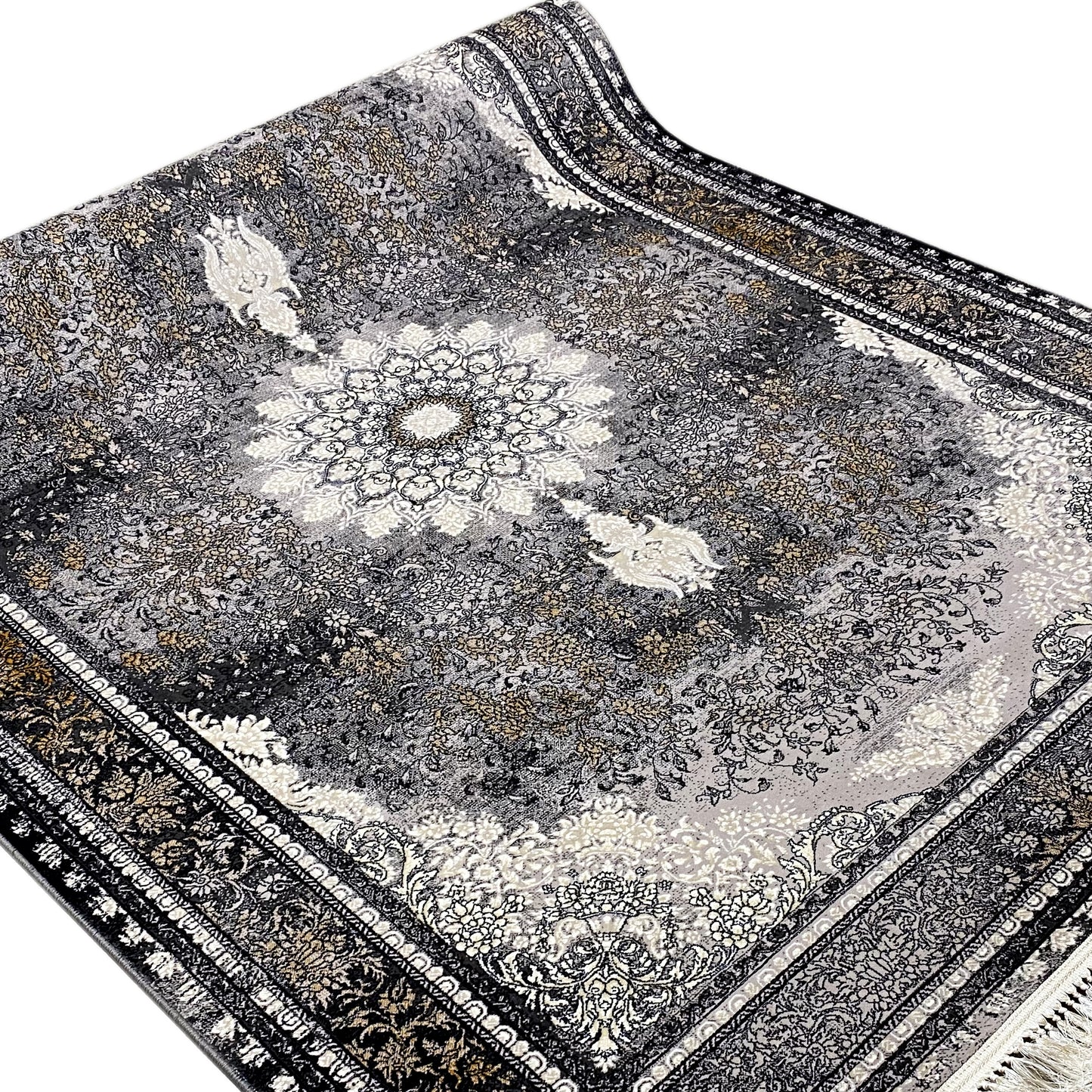 Schwarzer Wohnzimmerteppich, Grau- und Creme-Details, pflegeleichtes Polypropylen, moderne Wohndeko.