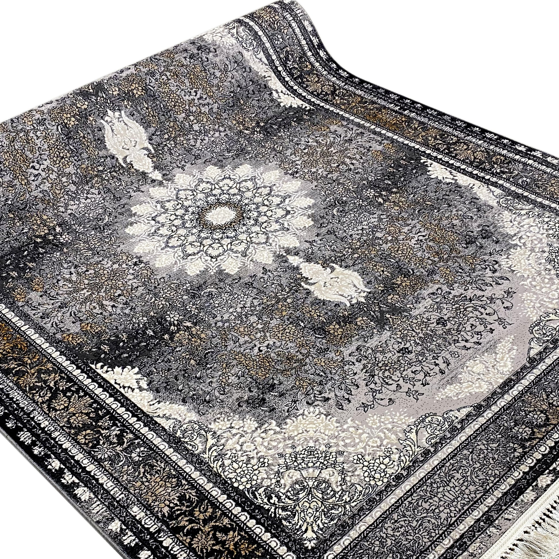 Schwarzer Wohnzimmerteppich, Grau- und Creme-Details, pflegeleichtes Polypropylen, moderne Wohndeko.