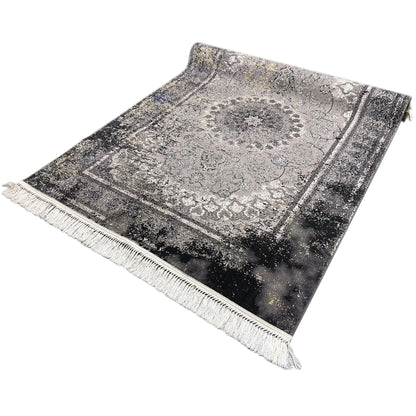 Polypropylen Teppich mit Fransen, maschinengefertigt, Used-Look schwarz und grau Medaillon, Gesamtansicht.