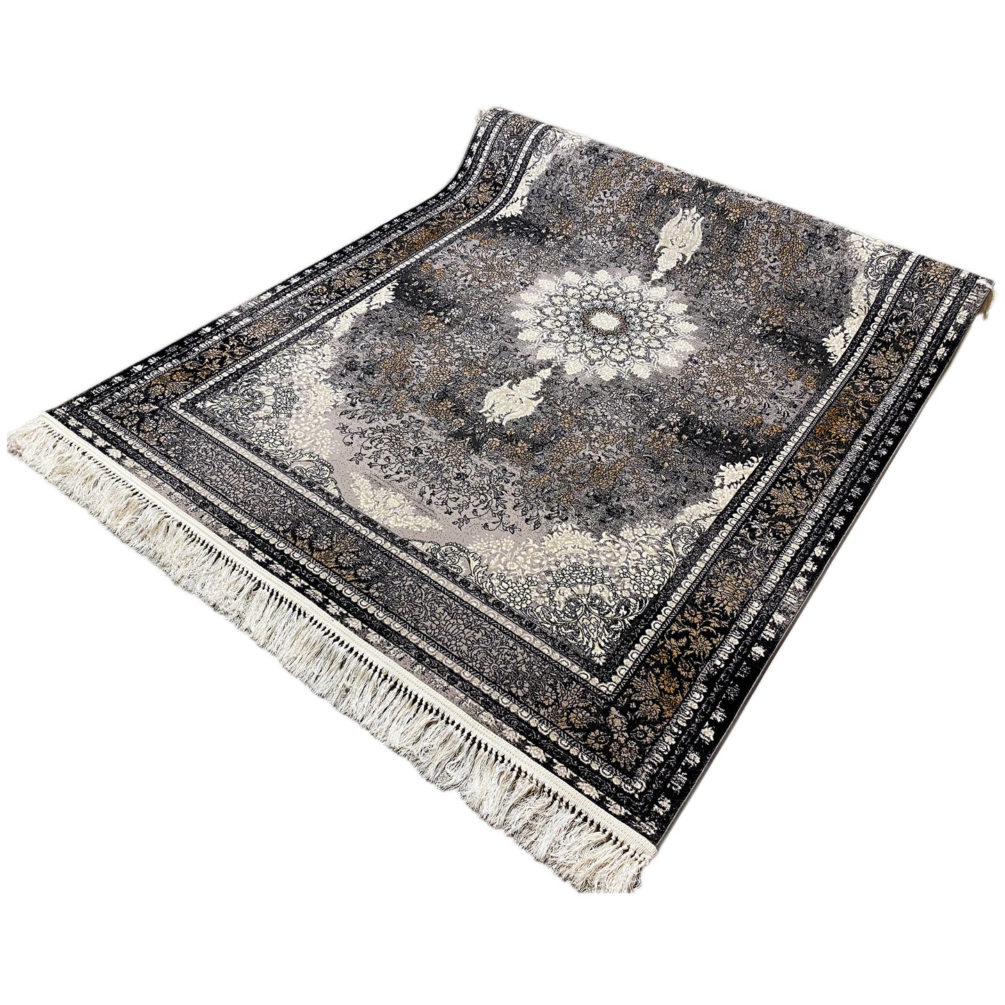 Gewebte teppich, traditioneller Look, Schwarz und Grau, verleiht Home Office Deko Luxus.