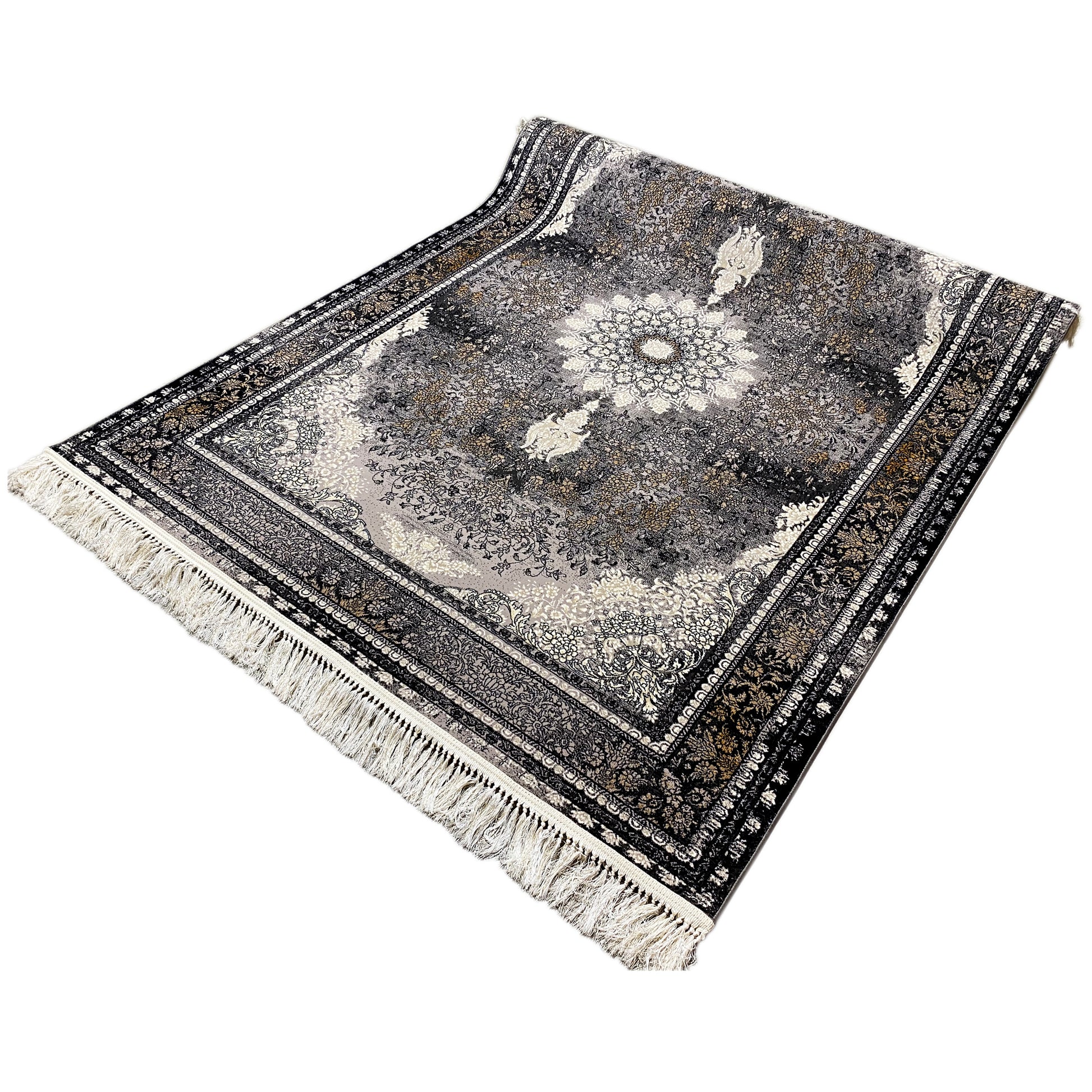 Gewebte teppich, traditioneller Look, Schwarz und Grau, verleiht Home Office Deko Luxus.