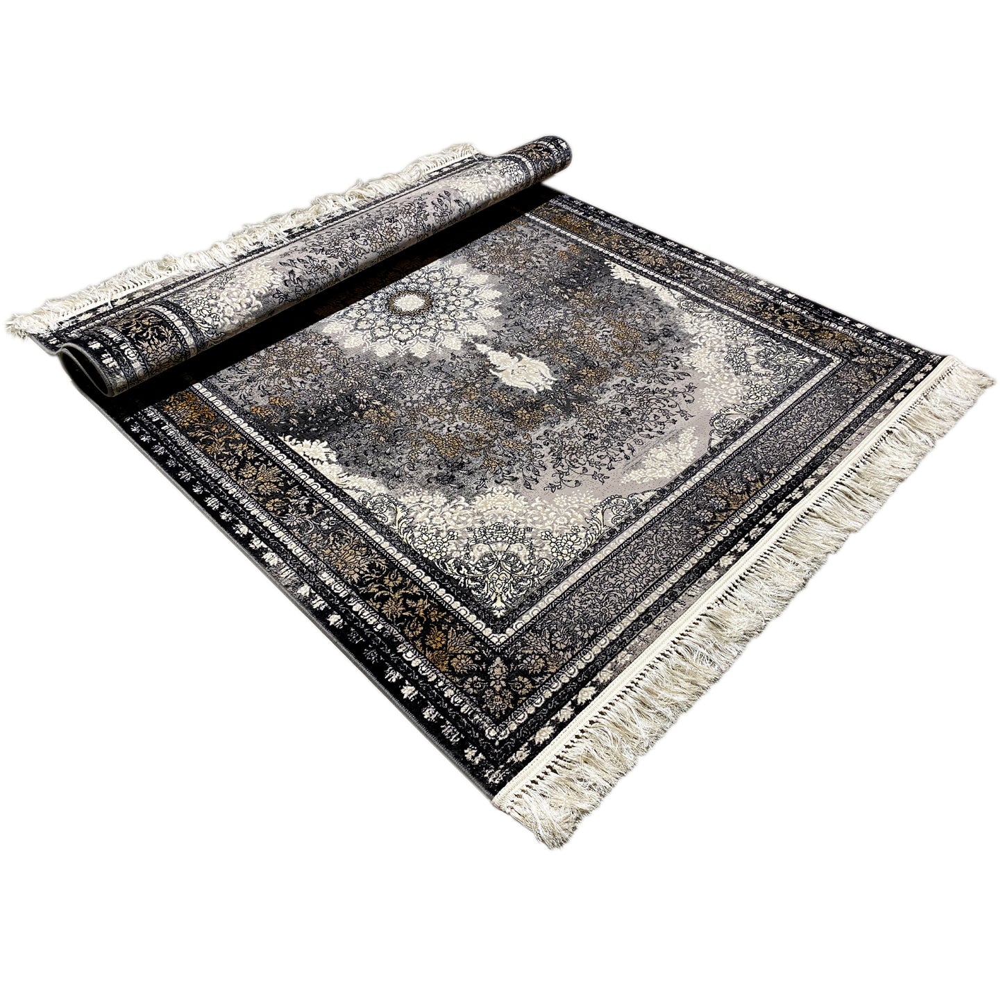 Traditioneller Stil Teppich, synthetisches Polypropylen-Material, graues florales Medaillon, perfekt für klassische Interieurs.