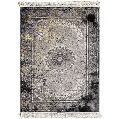 Maschinengewebter Teppich, Polypropylen-Flor, graues Used-Look Medaillon, Wohnzimmer-Bereich.