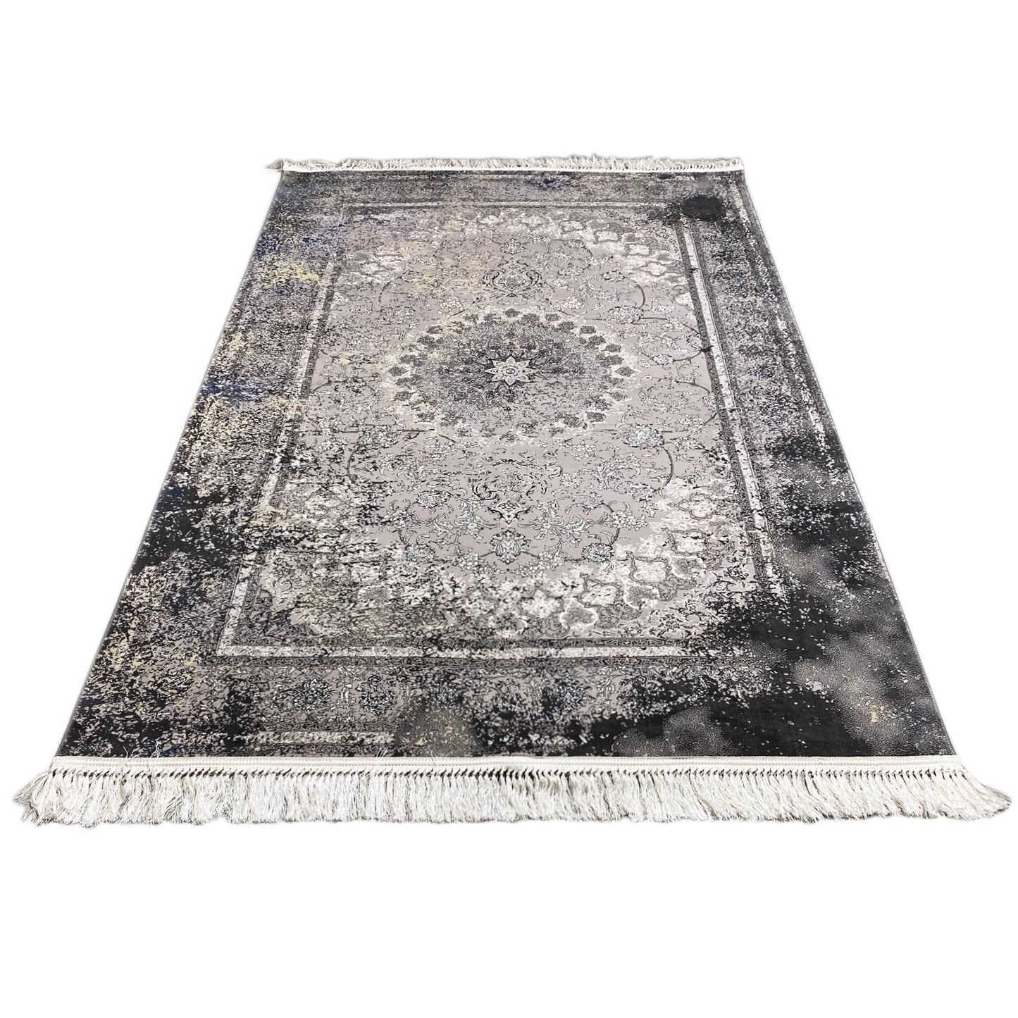 Gewebte teppich kaufen, moderner Vintage-Stil, schwarz-graue Farben, für zeitgemäßes Zuhause.