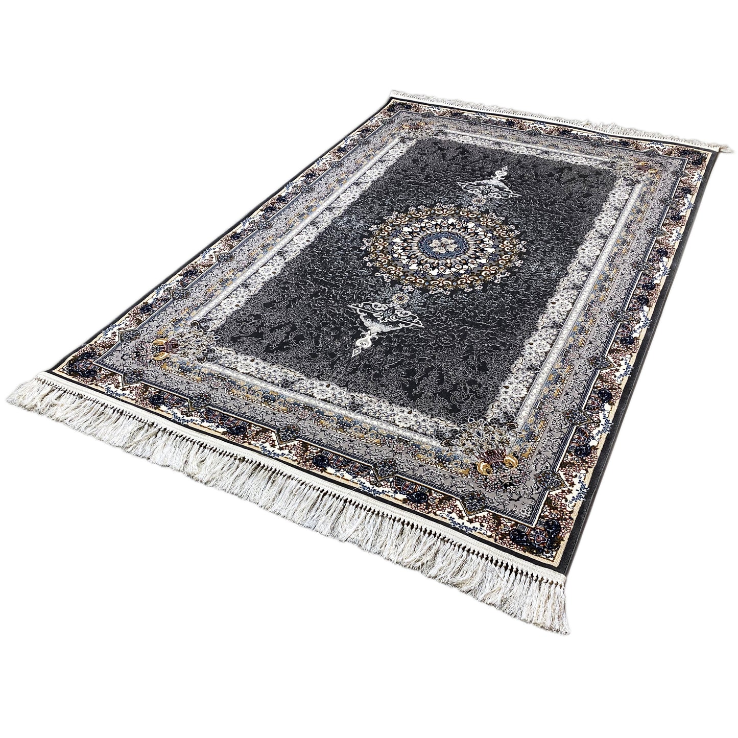 Gewebter Teppich kaufen dunkel elegant Anthrazit Medaillon.