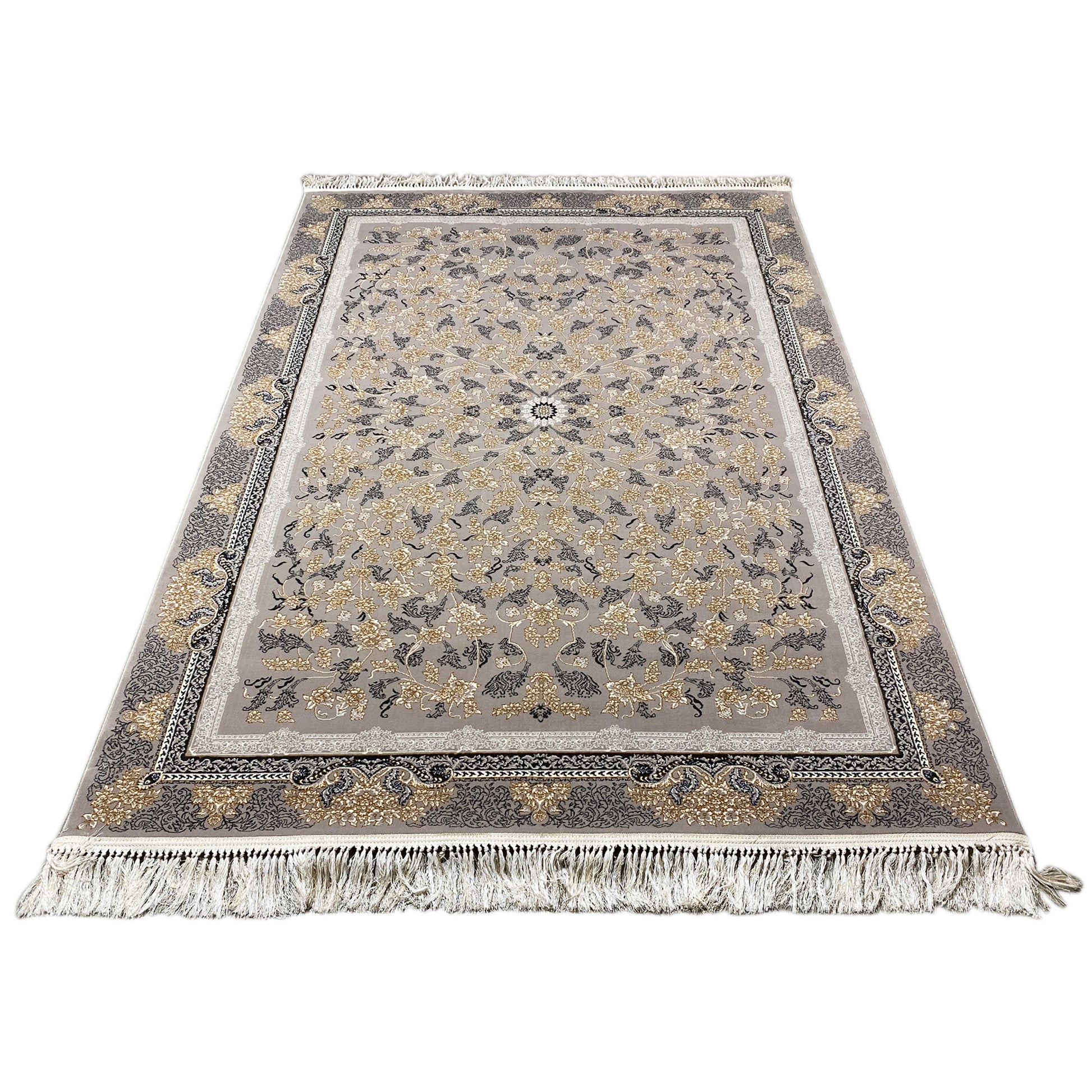 Maschinell gewebter Teppich mit Medaillon und Blumenmuster in Gold, 160x230 cm, Rom Stil.