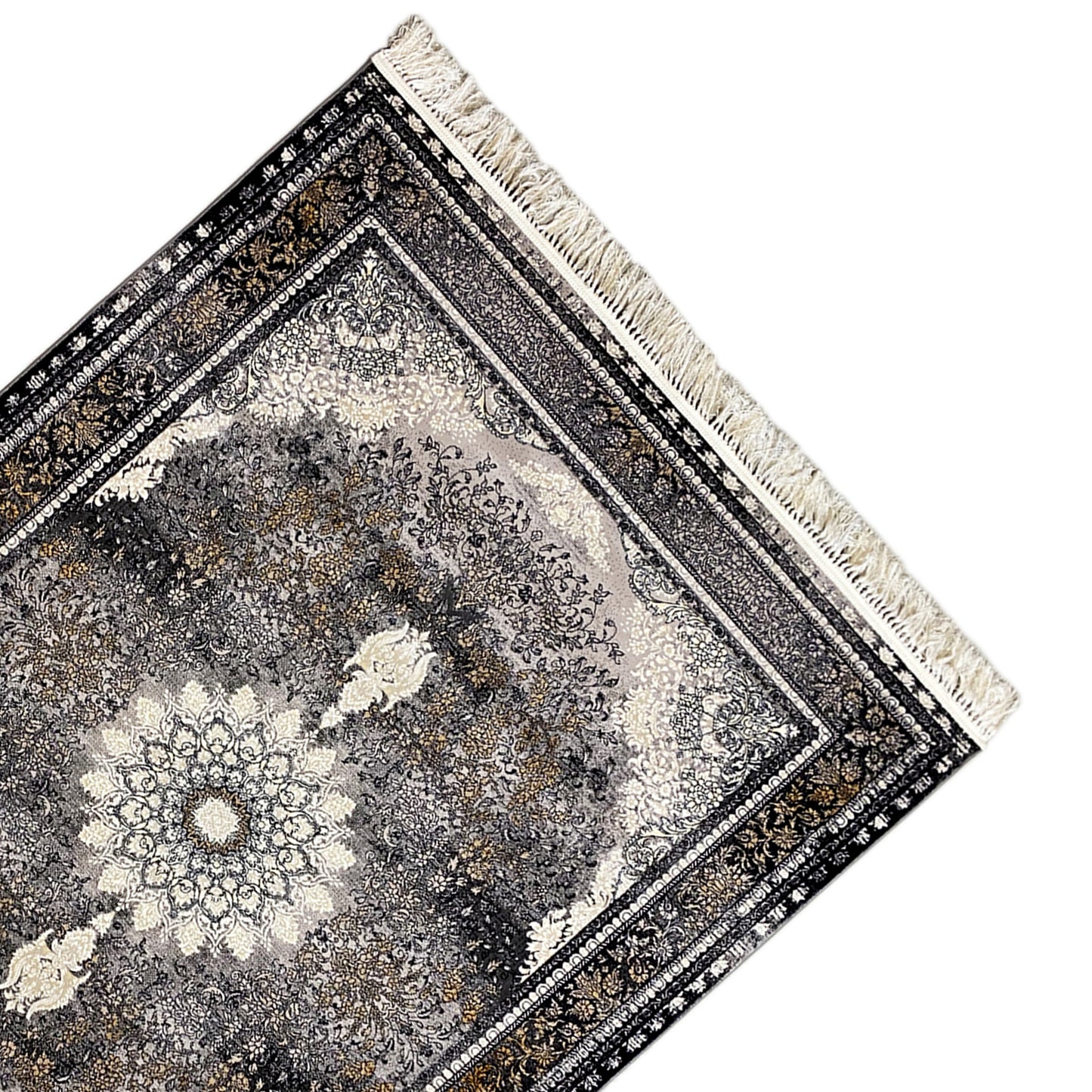 Großer Flächenteppich, 160x230 cm Größe, maschinengefertigt, Dunkelgrau mit schwarzer Bordüre.