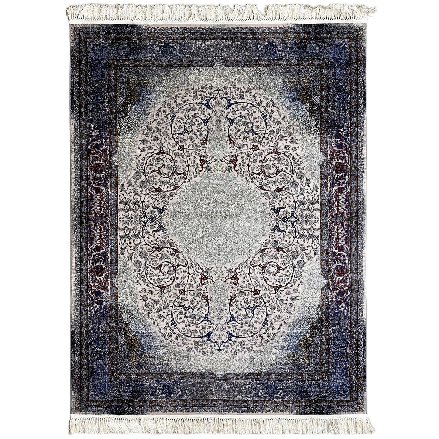 Gewebter Teppich aus Polypropylen in Blau und Grau mit klassischem Medaillon-Muster