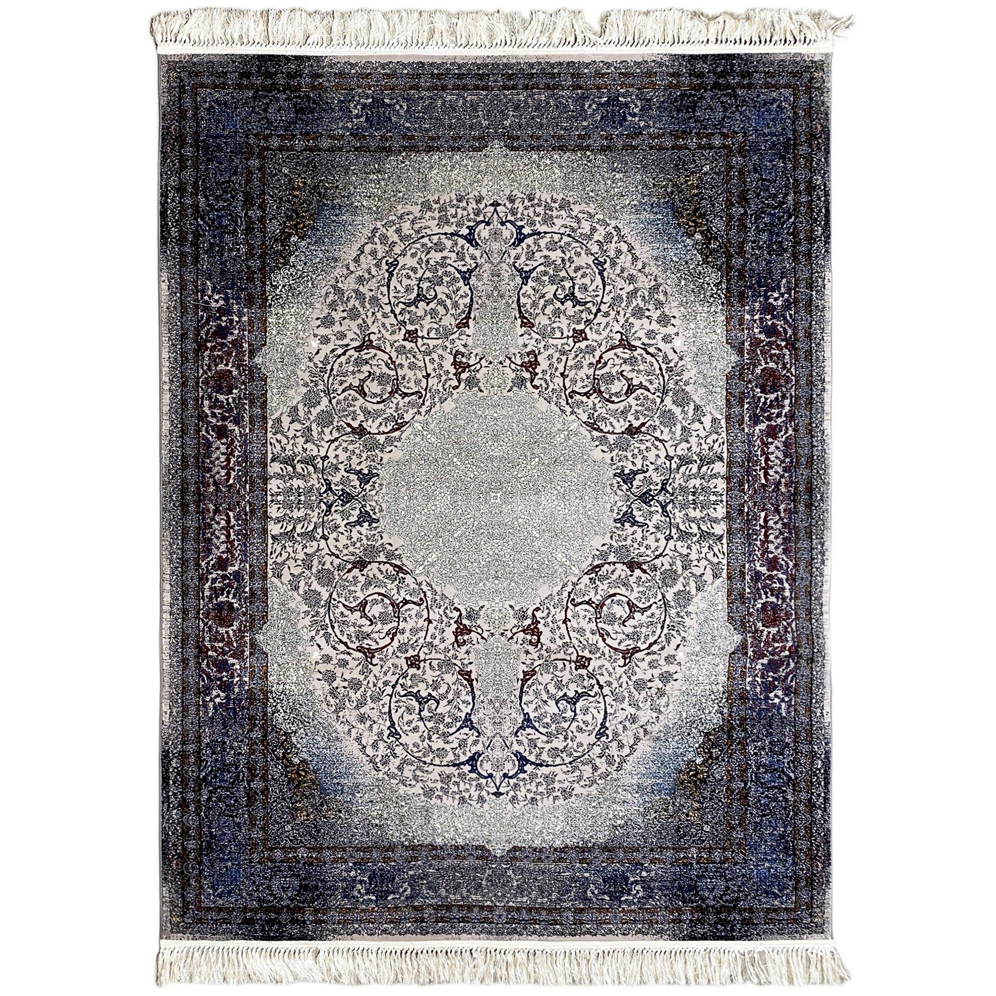 Gewebter Teppich aus Polypropylen in Blau und Grau mit klassischem Medaillon-Muster