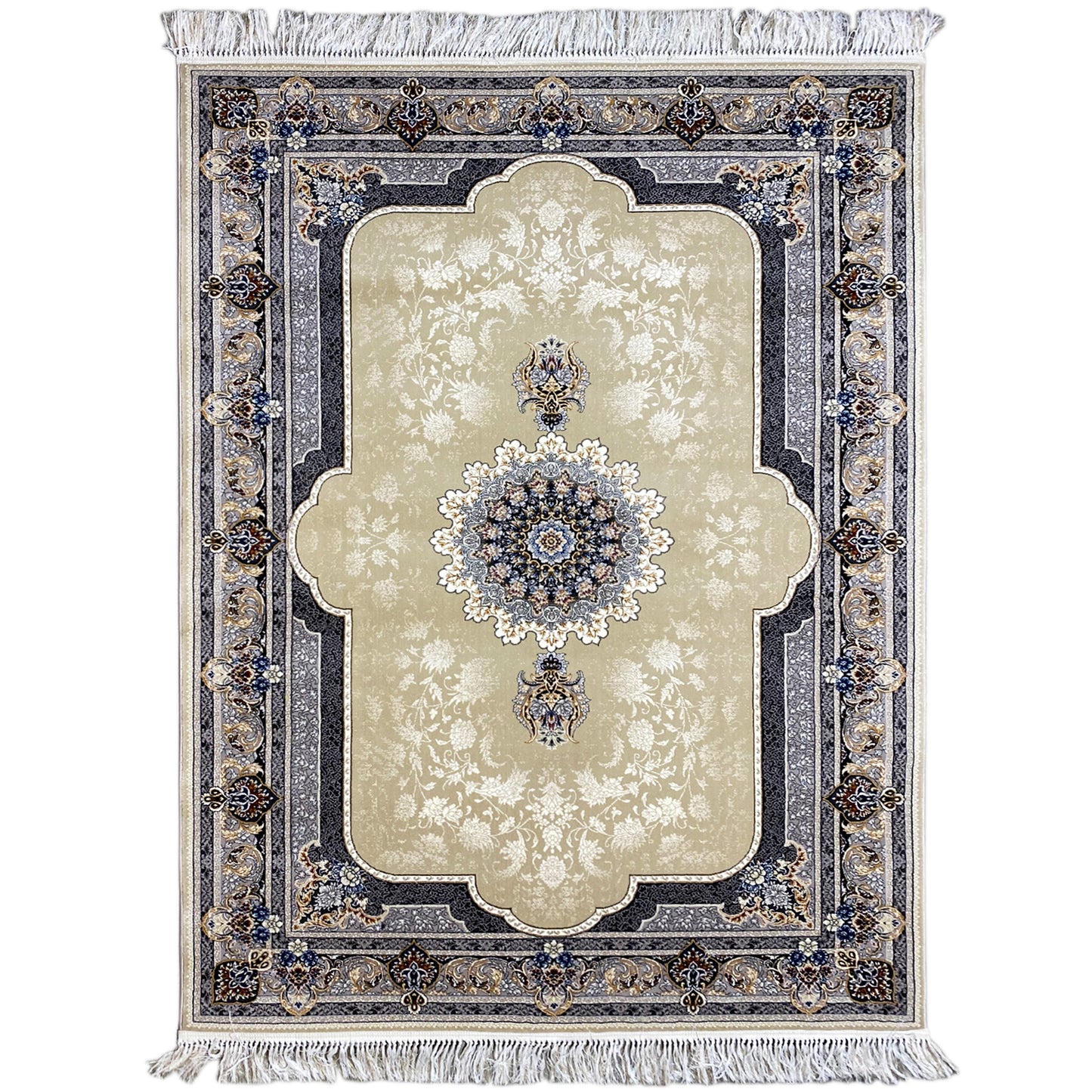 Gewebter Teppich aus Polypropylen in Creme und Blau mit klassischem Medaillon-Muster