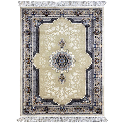 Gewebter Teppich aus Polypropylen in Creme und Blau mit klassischem Medaillon-Muster