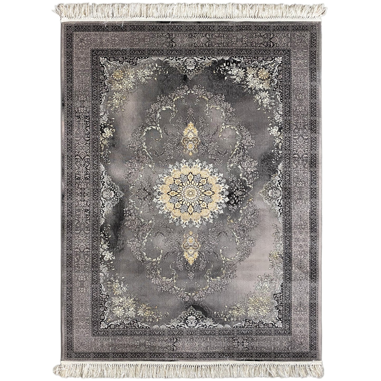 Grauer gewebter Teppich aus Polypropylen mit orientalischem Medaillon-Muster