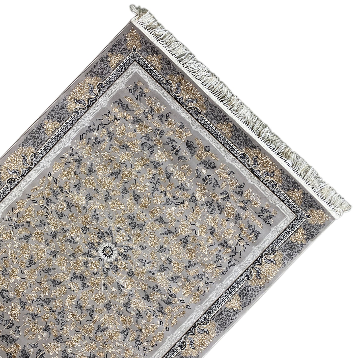 Klassischer Teppich 160x230 cm in Grau mit goldenen Ornamenten, Rom Kollektion.