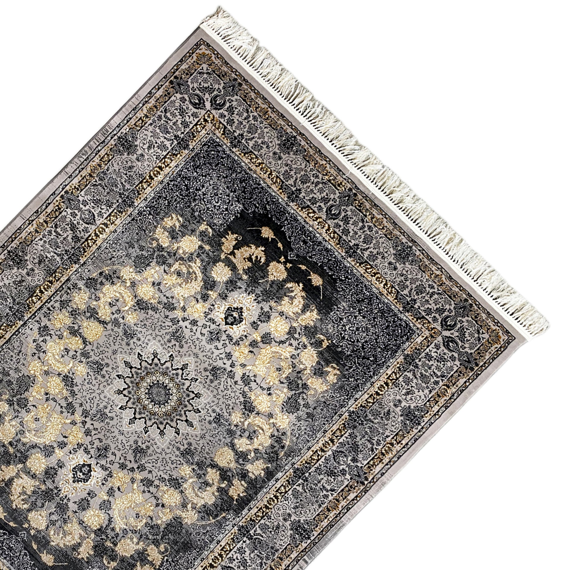 Klassischer Teppich 160x230 cm in Grau mit Goldakzenten, Manchester Kollektion.