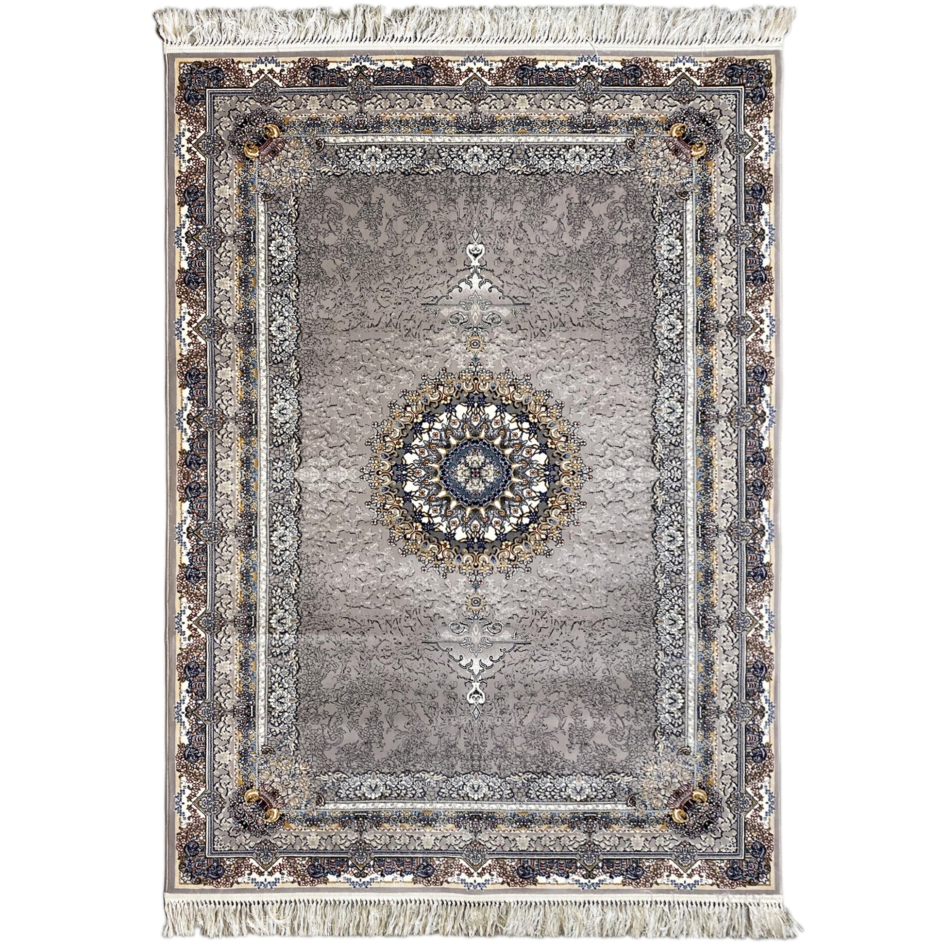 Gewebter Teppich aus Polypropylen in Anthrazit mit floralem Medaillon, ideal fürs Wohnzimmer.