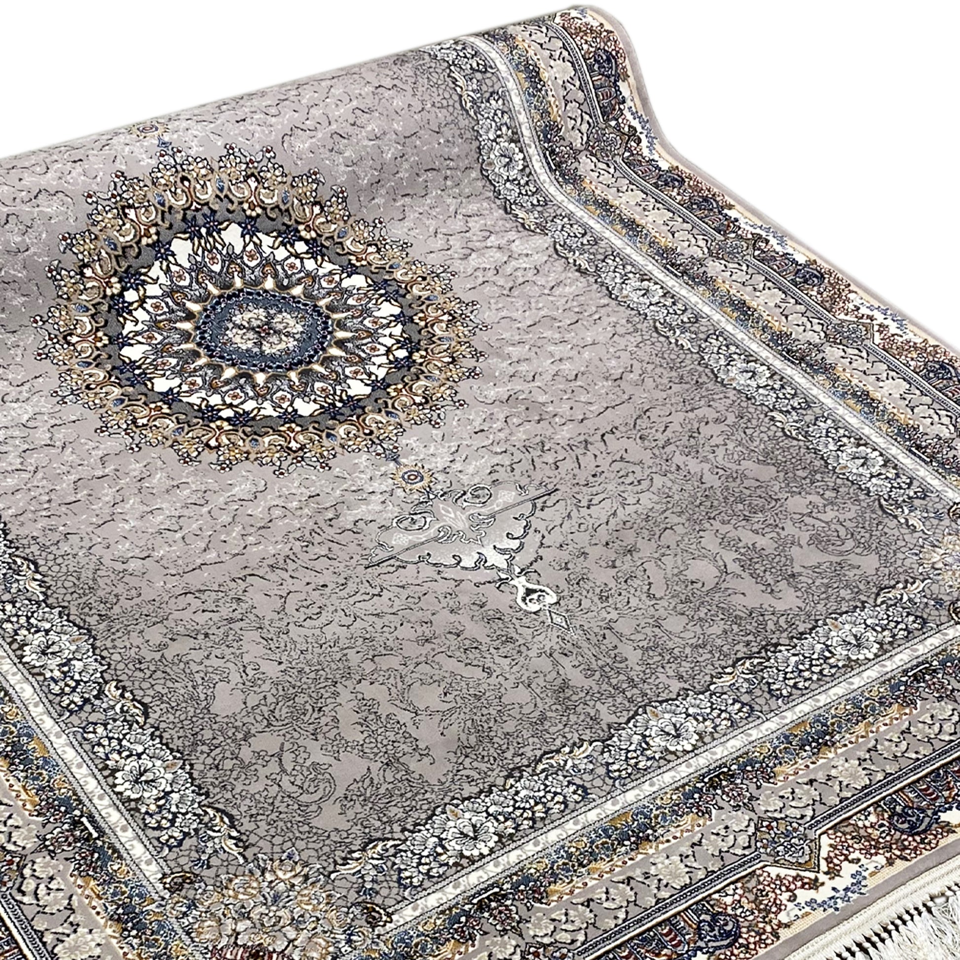 Robuster Teppich Noah aus synthetischem Garn mit traditionellem Medaillon-Muster in Dunkelgrau.