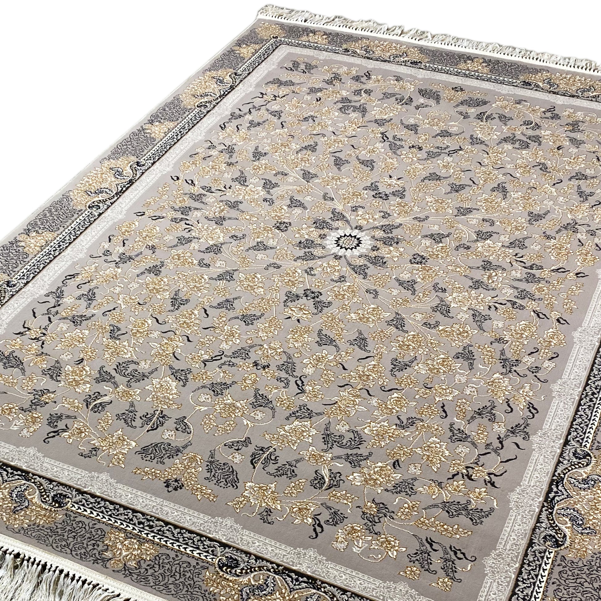 Wohnzimmer Teppich maschinell gewebt, Medaillon Design in Grau/Gold, Rom Look.