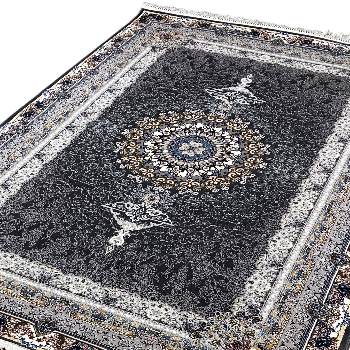 Teppich 160x230 klassisch Schwarz mit Fransen.