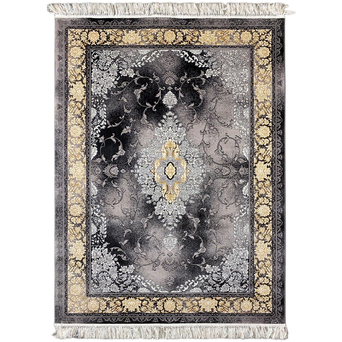 Gewebter Teppich aus Polypropylen in Schwarz und Gold mit klassischem Medaillon-Muster