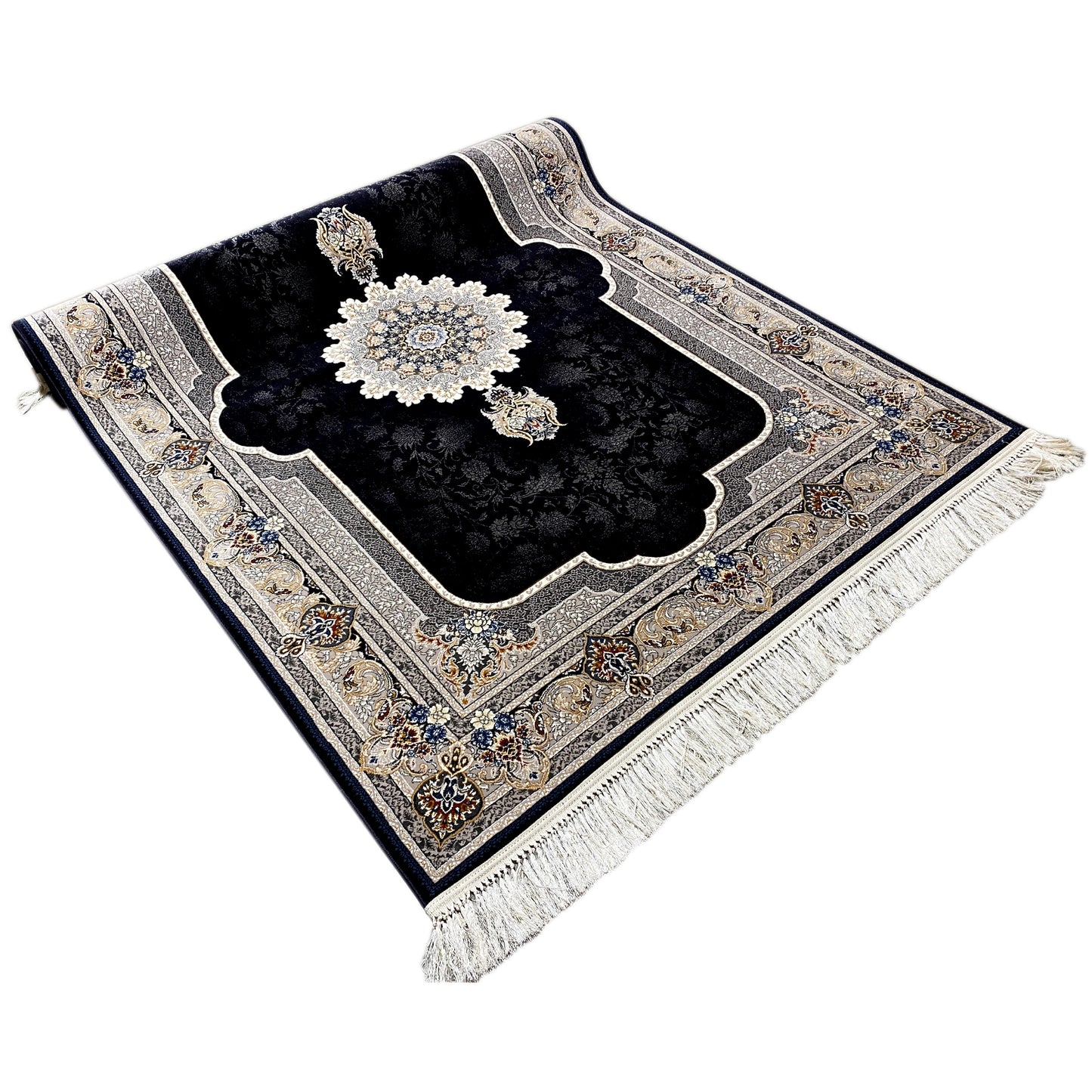 Detailansicht des Medaillon-Musters auf dem schwarzen Teppich, 100% Polypropylen