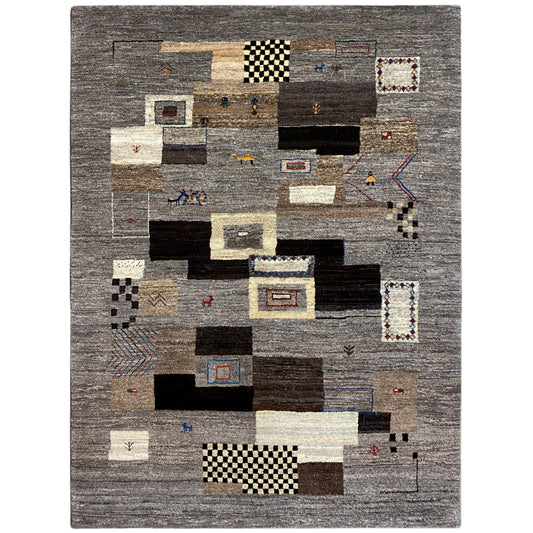Grauer Gabbeh Wollteppich mit geometrischem Design