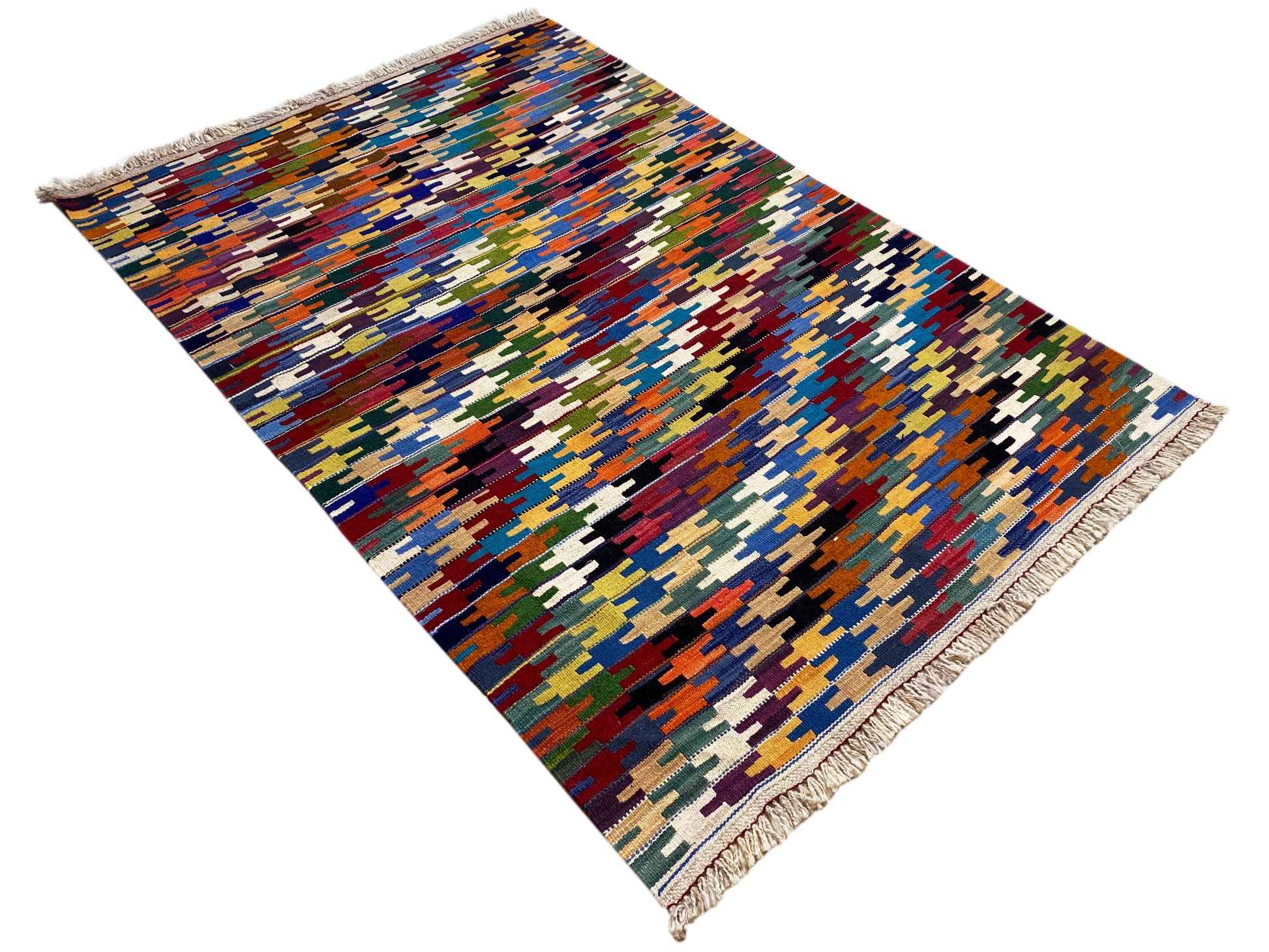 Geometrischer Kelim Teppich bunt als Statement für Wohnzimmer 176x117