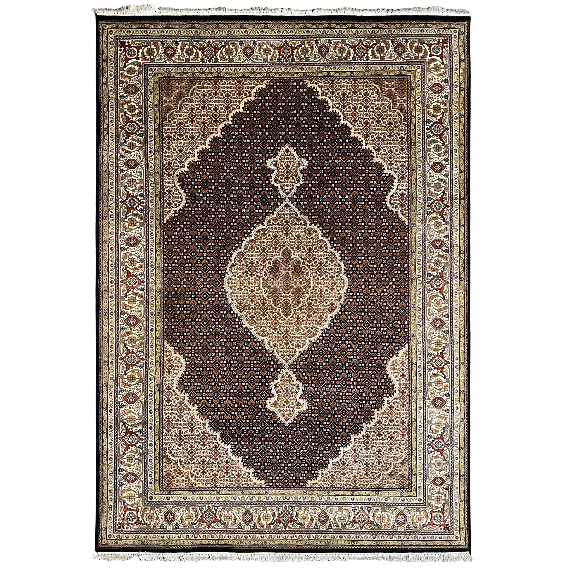 Hand-knotted Indo Tabriz rug made of wool and silk in brown and cream