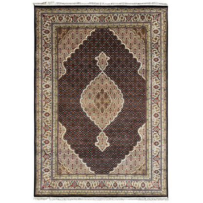 Hand-knotted Indo Tabriz rug made of wool and silk in brown and cream