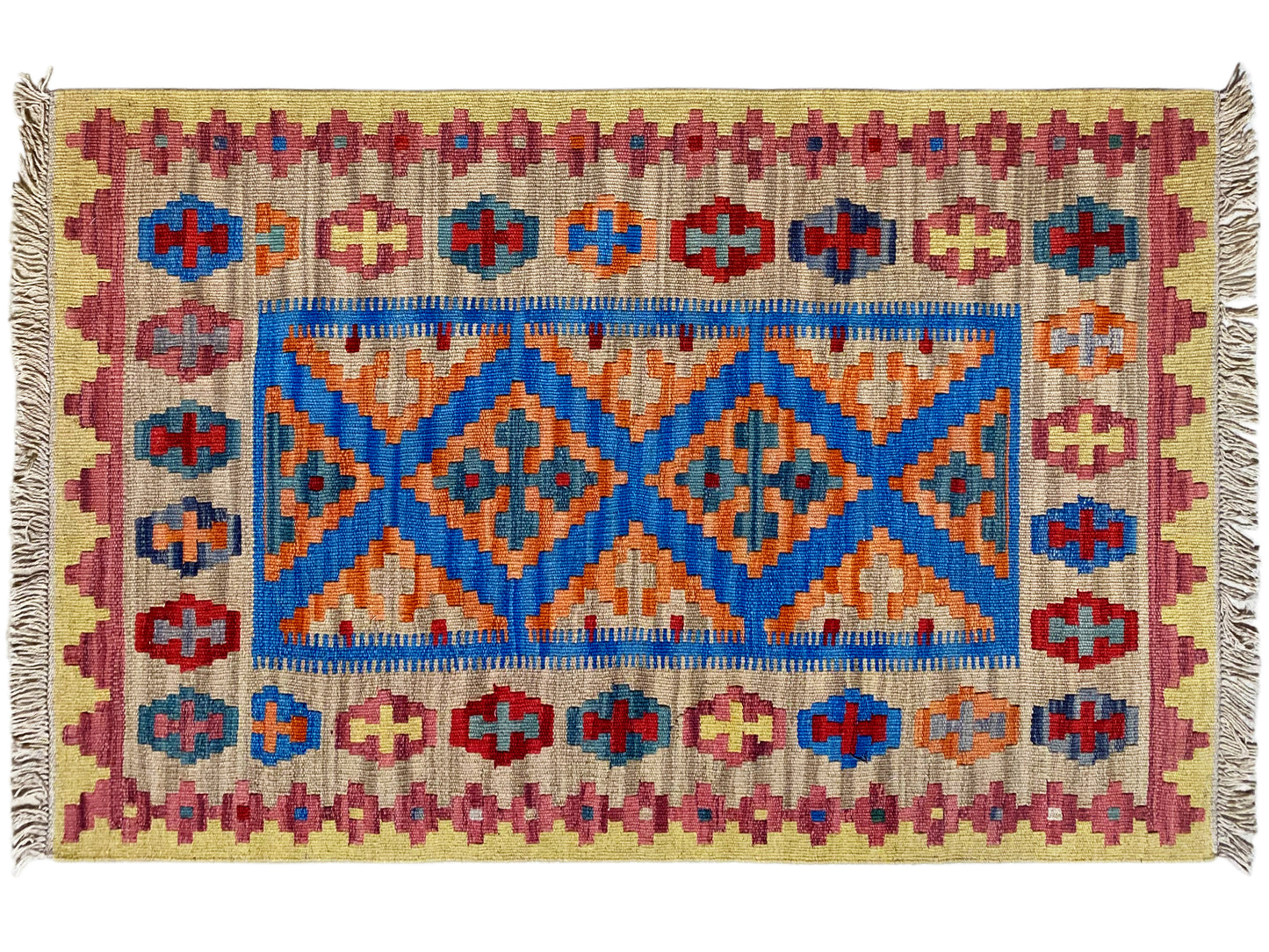 Flachgewebter Qashqai Kelim Teppich 142x84, Rauten- und X-Motiv