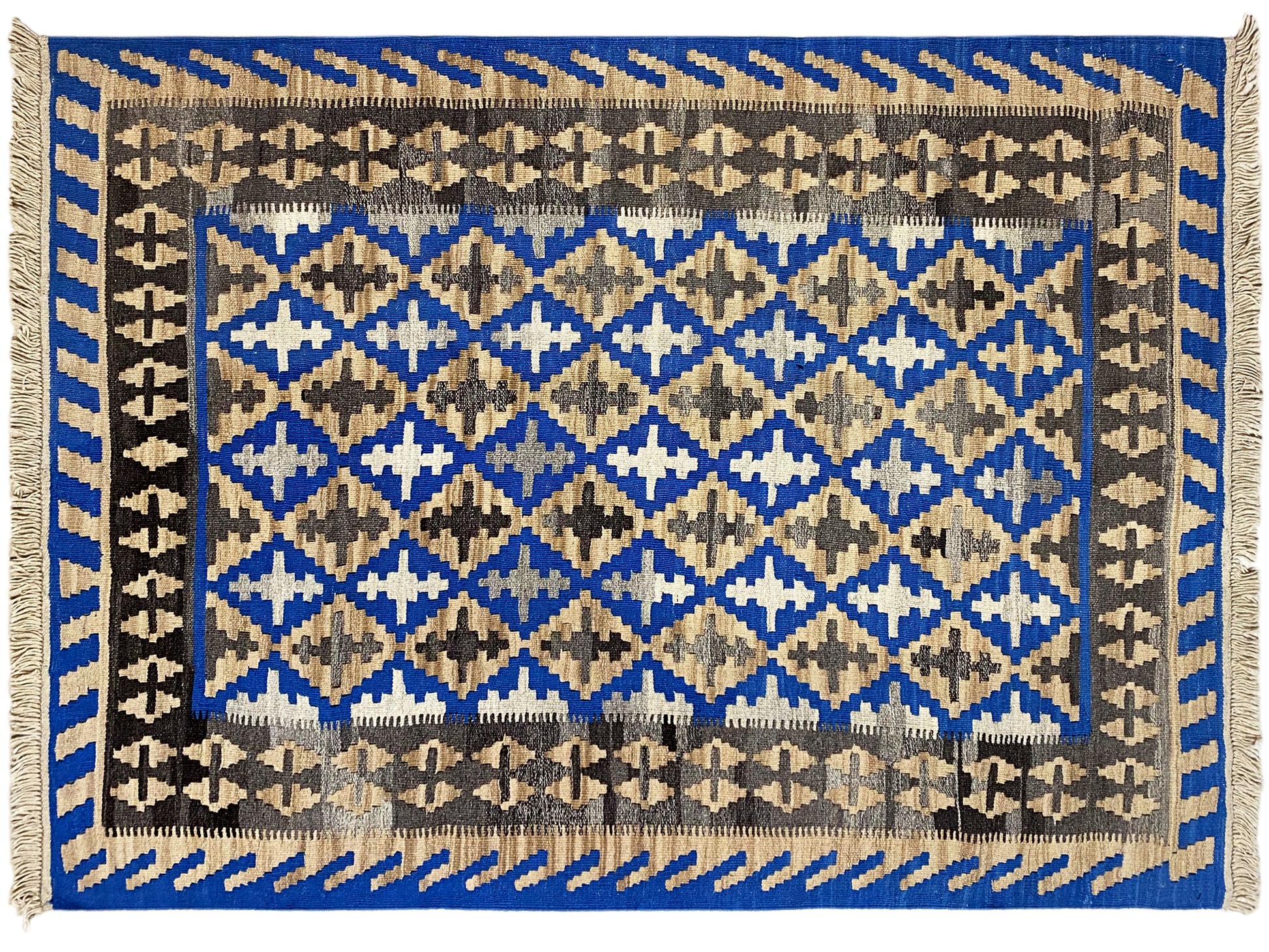 Qashqai Kelim Teppich handgewebt mit geometrischer Bordüre und Fransen