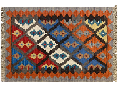 Flachgewebter Qashqai Kelim Teppich 130x82 cm, geometrische Ornamente