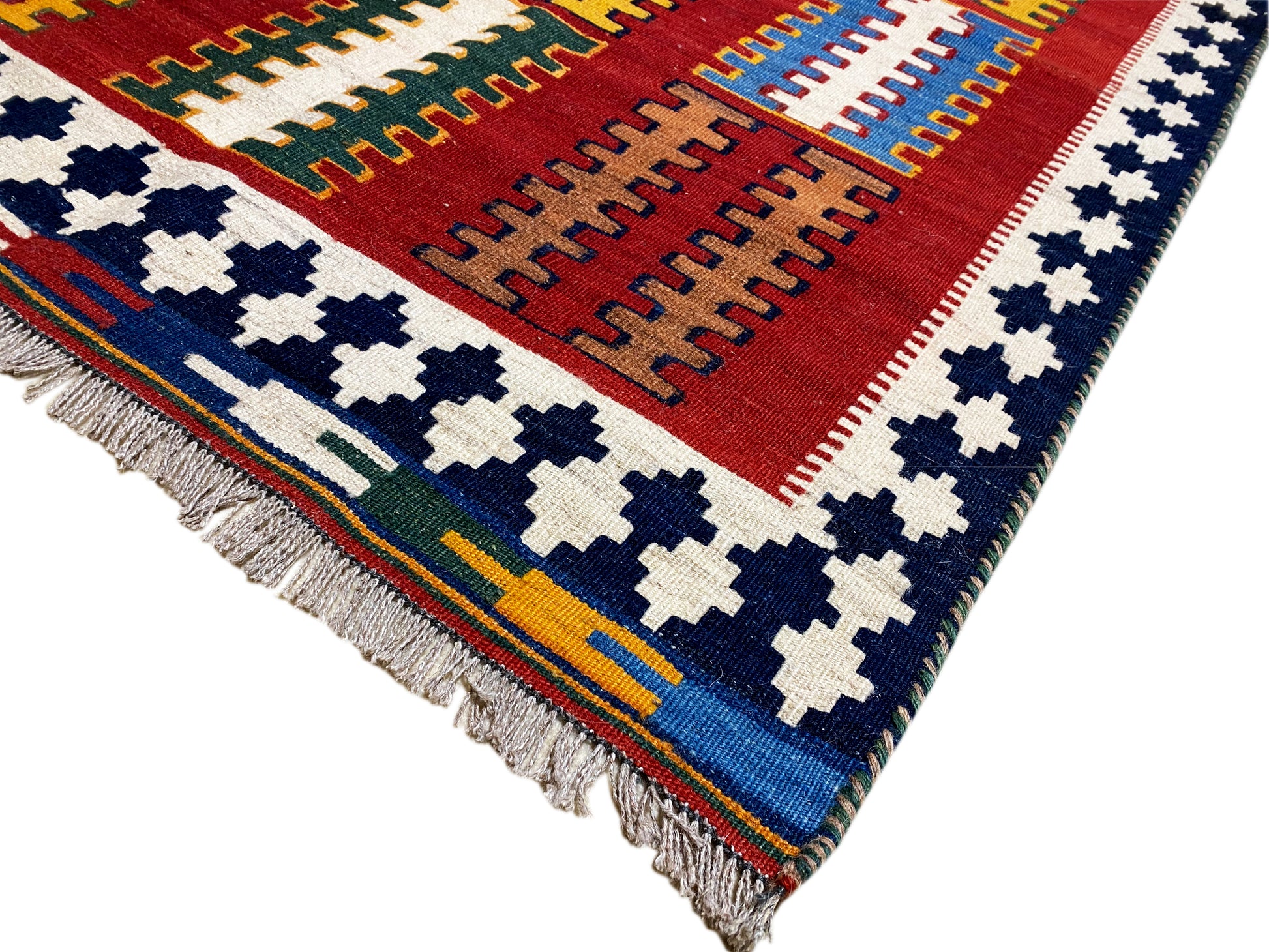 Boho Kelim Teppich handgewebt Rot mit bunten Ornament-Details