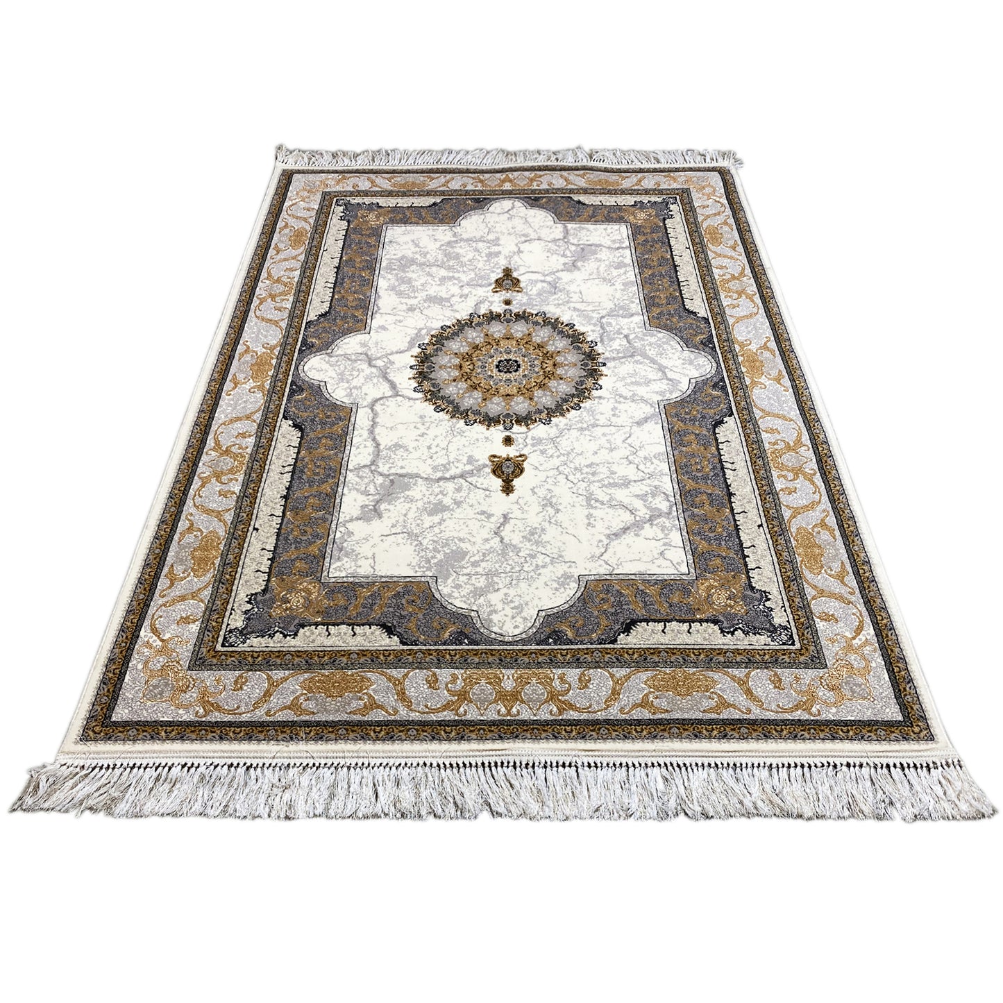 Eleganter Teppich im Vintage-Stil mit Medaillon und Bordüre, ideal für Wohnzimmer