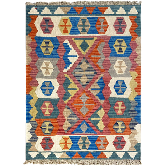 Handgewebter Qashqai Kelim Teppich in Blau und Natur, 147x105 cm