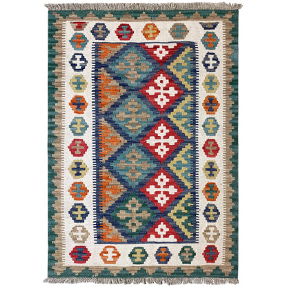 Handgewebter Qashqai Kelim Teppich in Grün und Natur, 150x101 cm