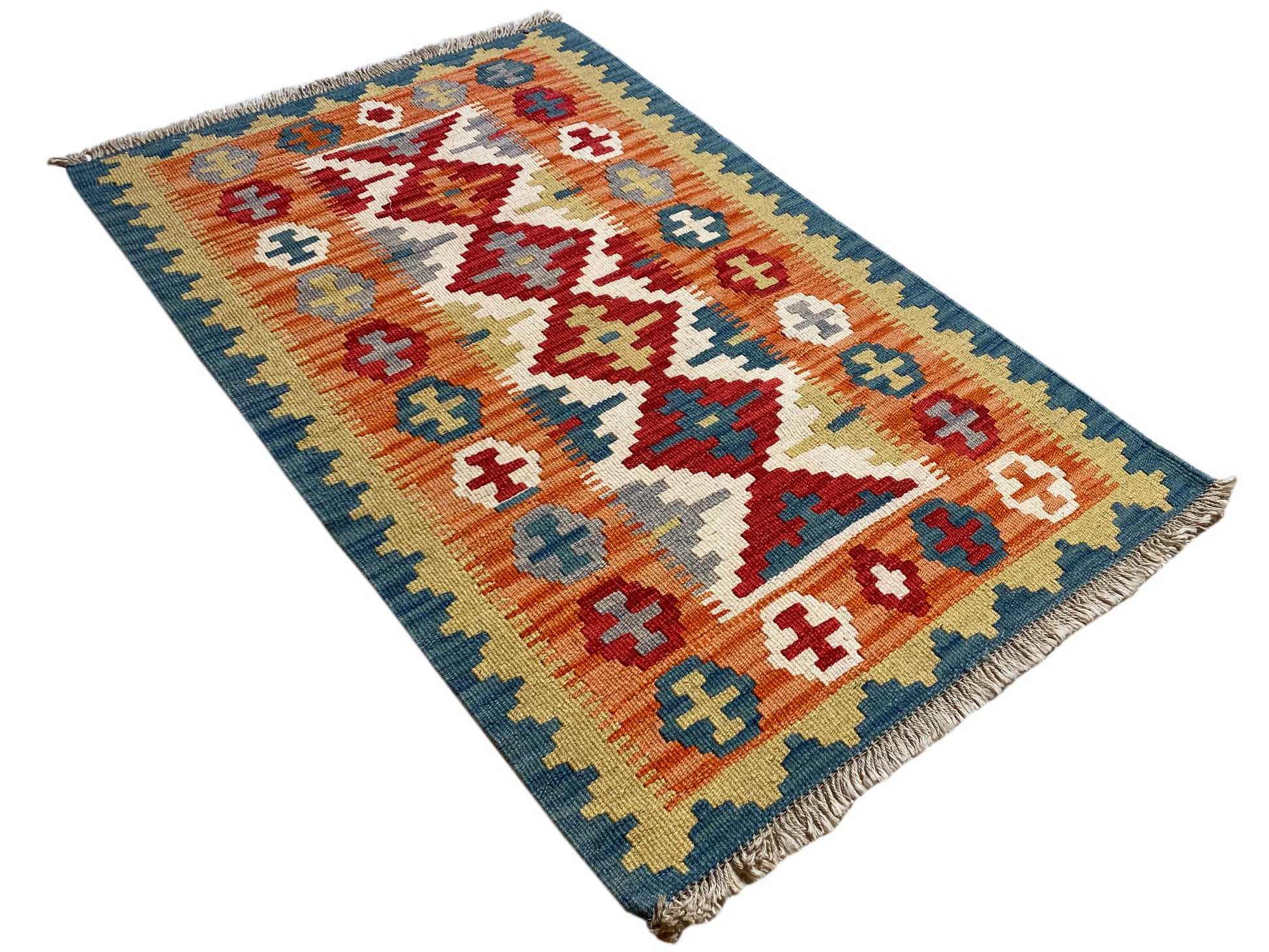 Geometrischer Vintage Kelim Teppich in Blau mit Rauten-Ornamenten